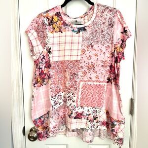 Cupio Pink Patchwork Floral Plaid Short Sleeve Top